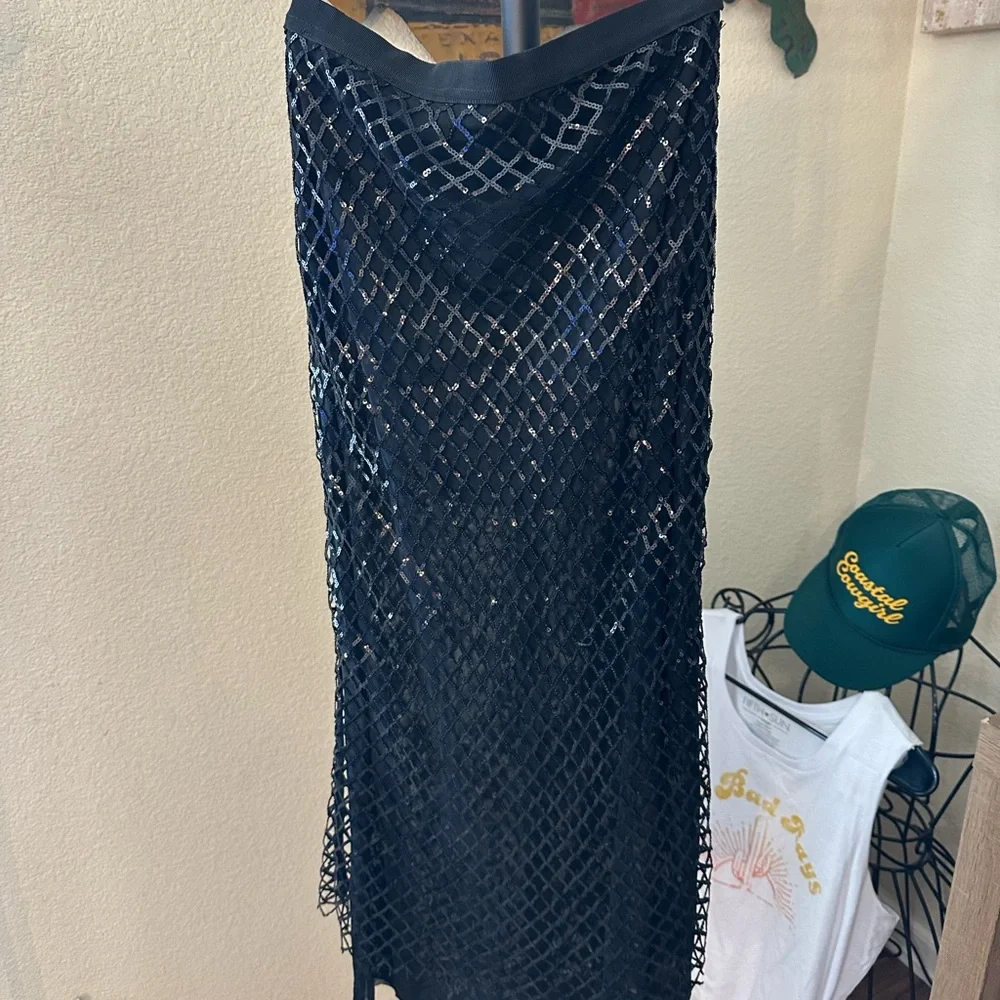 Anthropologie Black Mesh-Overlay Midi Slip Skirt